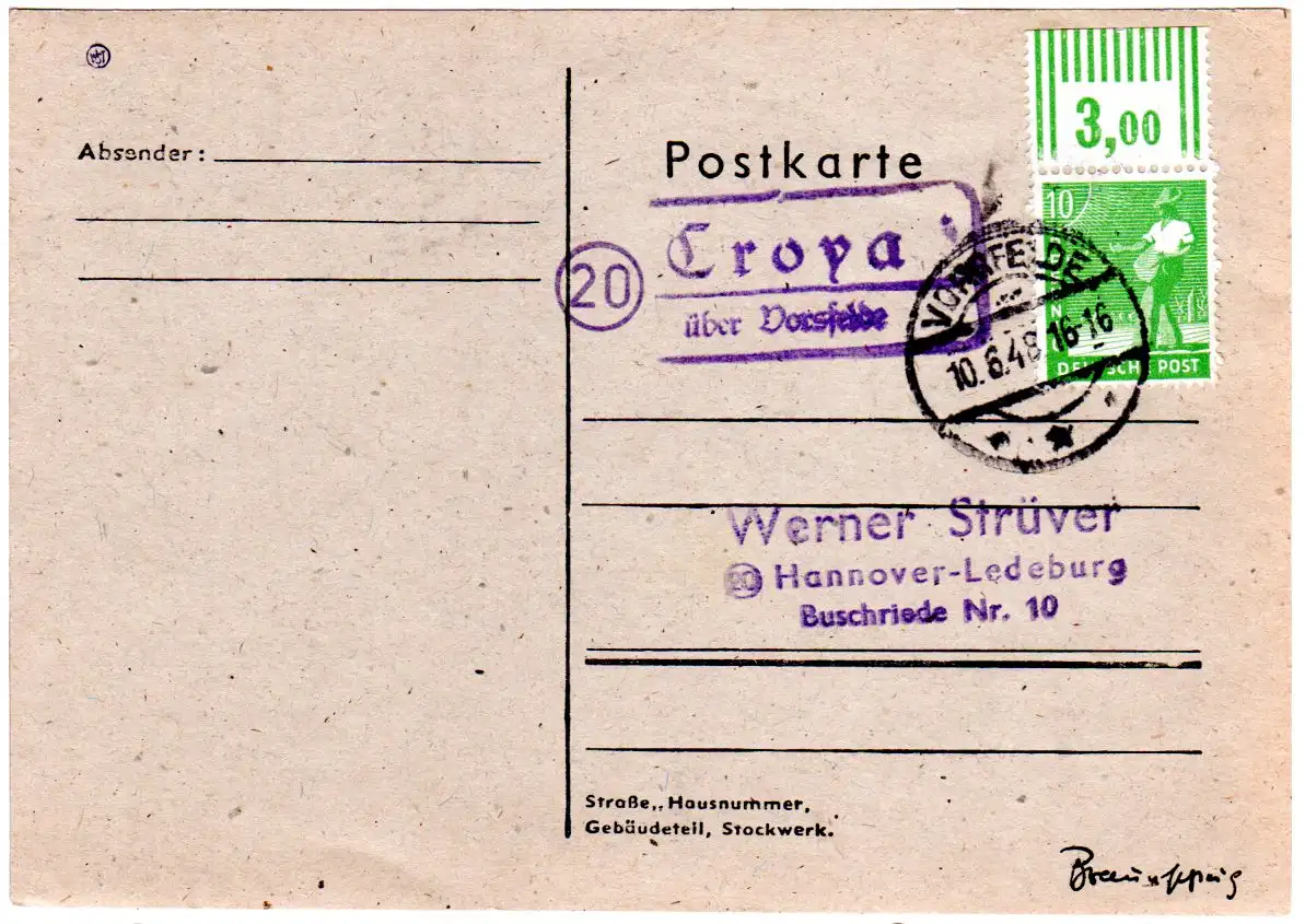 1948, Landpoststpl. 20 CRAYA über Vorsfelde auf Karte m. 10 Pf. 
