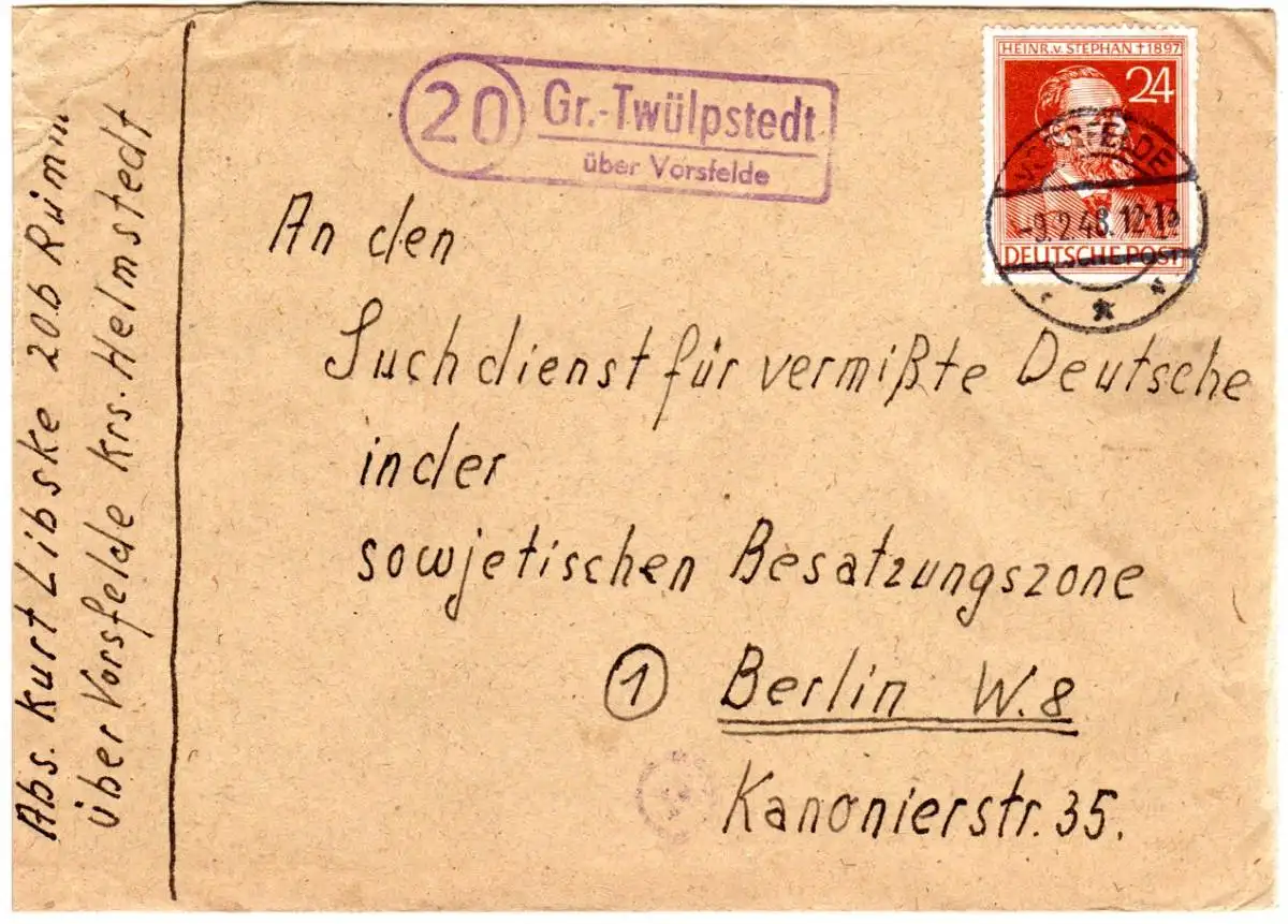 1948, Landpoststpl. 20 GR.-TWÜLPSTED über Vorsfelde auf Brief m. 24 Pf. Stephan