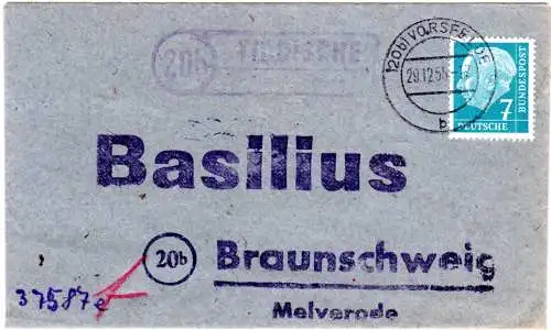 BRD 1955, Landpoststpl. 20b TIDDISCHE über Vorsfelde auf Umschlag m. 7 Pf. Heuss