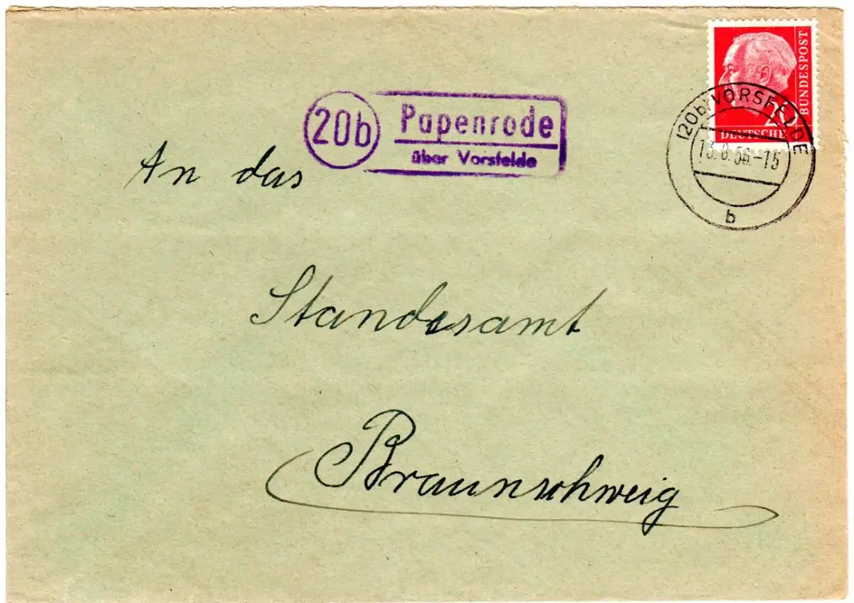 BRD 1956, Landpoststpl. 20b PAPENRODE über Vorsfelde auf Brief m. 20 Pf.