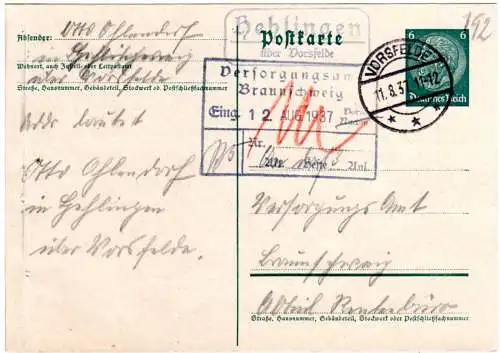 DR 1937, Landpoststpl. HEHLINGEN über Vorsfelde auf 6 Pf. Ganzsache