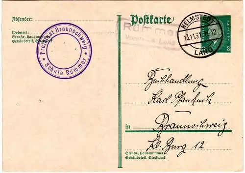 DR 1931, Landpoststpl. RÜMMER Vorsfelde Land auf 8 Pf. Ganzsache