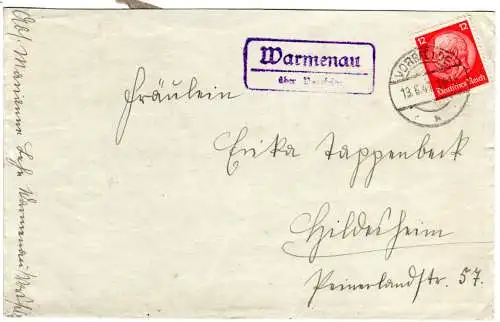 DR 1941, Landpoststpl. WARMENAU über Vorsfelde auf Brief m. 12 Pf.