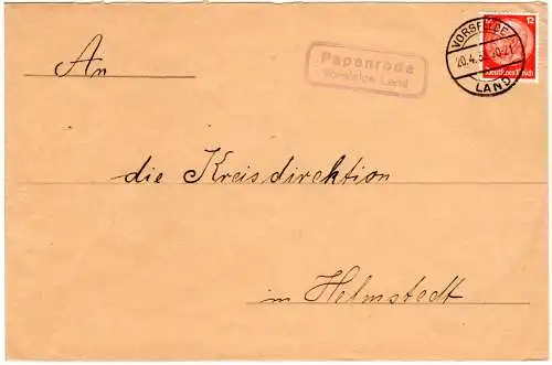 DR 1933, Landpoststpl. PAPENRODE Vorsfelde Land auf Brief m. 12 Pf. 