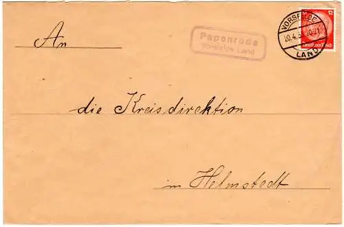 DR 1933, Landpoststpl. PAPENRODE Vorsfelde Land auf Brief m. 12 Pf.