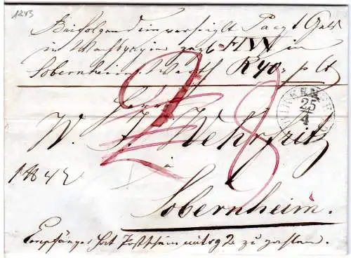 Preussen 1843, Fingerhutstpl. BIRKENFELD auf Paketbrief m. Postschein-Porto