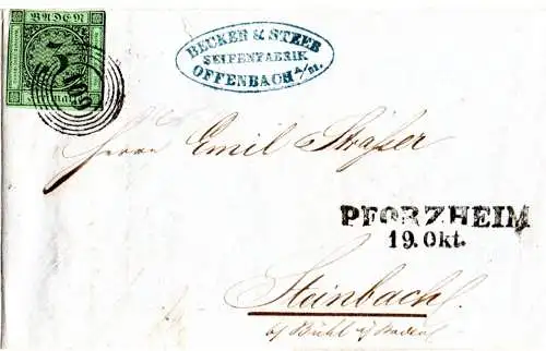 Taxis 1857, forwarder Firmenbrief v. Offenbach m. Baden 3 Kr. ab Pforzheim