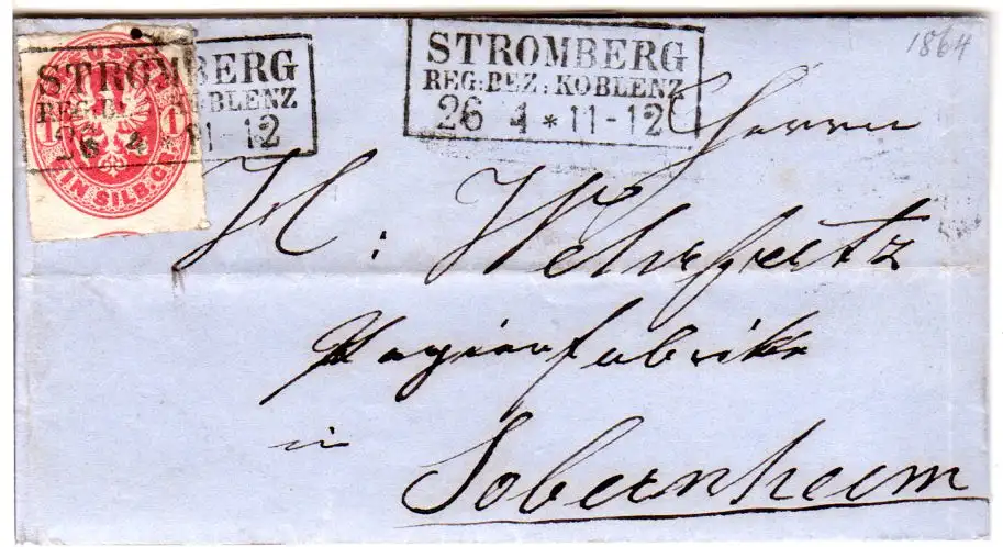 Preussen 1864, R3 Stromberg Reg. Bez. Coblenz auf kl. Brief v. Schweppenhausen