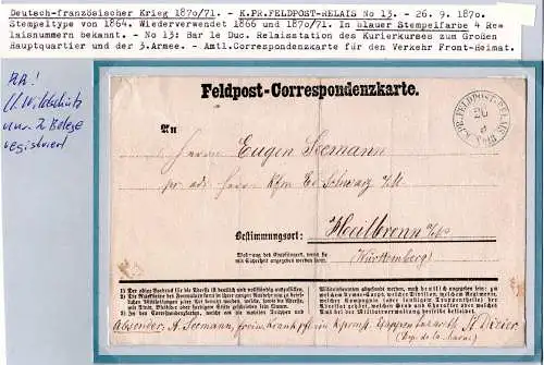 NDP 1870, blauer K2 K.PR.FELDPOST-RELAIS No.13 auf FP-Correspondenzkarte