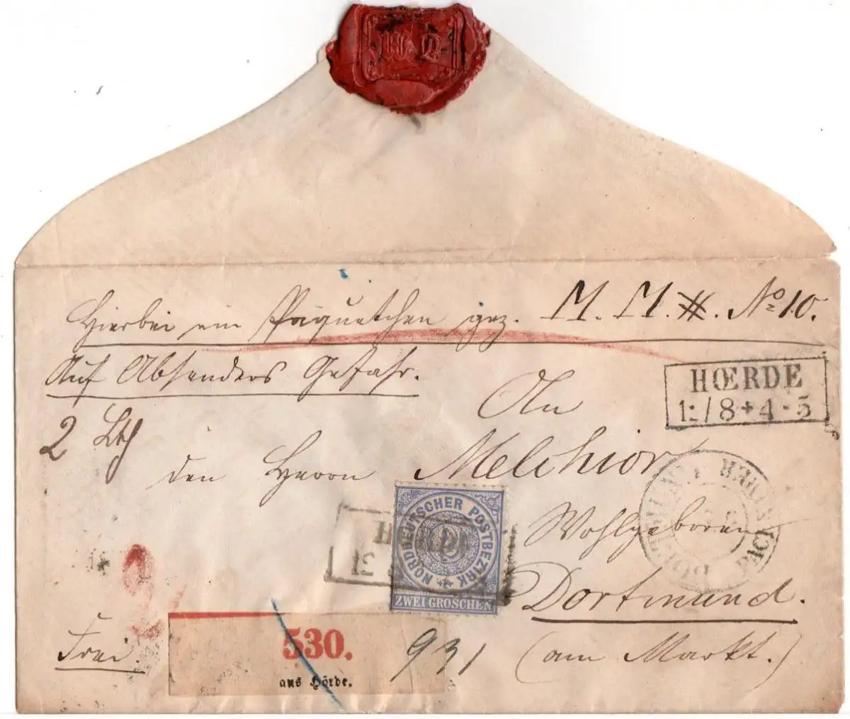 NDP , 2 Gr. auf "Paketchen" Brief v. HOERDE m. K2 Dortmund Packkammer