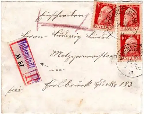Bayern 1911, 3x10 Pf. auf R-Brief m. eingestempeltem Reko-Zettel v. Hohenstadt