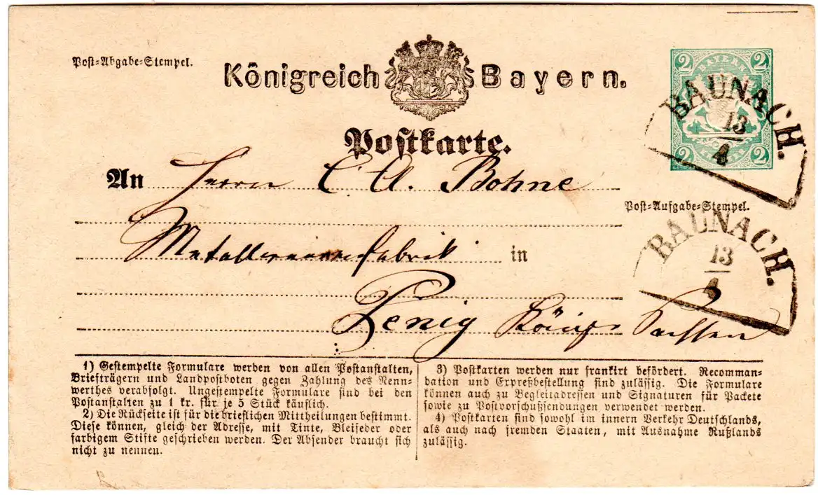 Bayern 1875, HKS BAUNACH klar auf 2 Kr. Ganzsache n. Penig/Sachsen