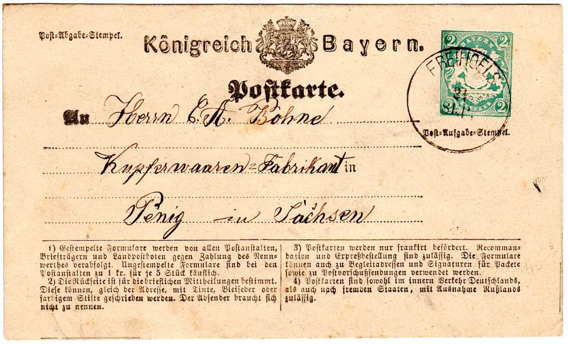 Bayern 1875, K1 FREIHOELS klar auf 2 Kr. Ganzsache n. Penig/Sachsen