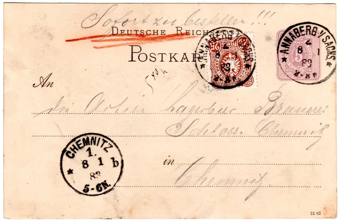 DR 1883, 25 Pf. auf 5 Pf. Ganzsache per Eilboten v. Annaberg n. Chemnitz