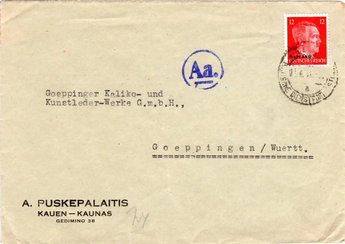 Ostland 1941, 12 Pf. auf Firmenbrief v. Kaunas m. Königsberg Aa Durchlaufzensur