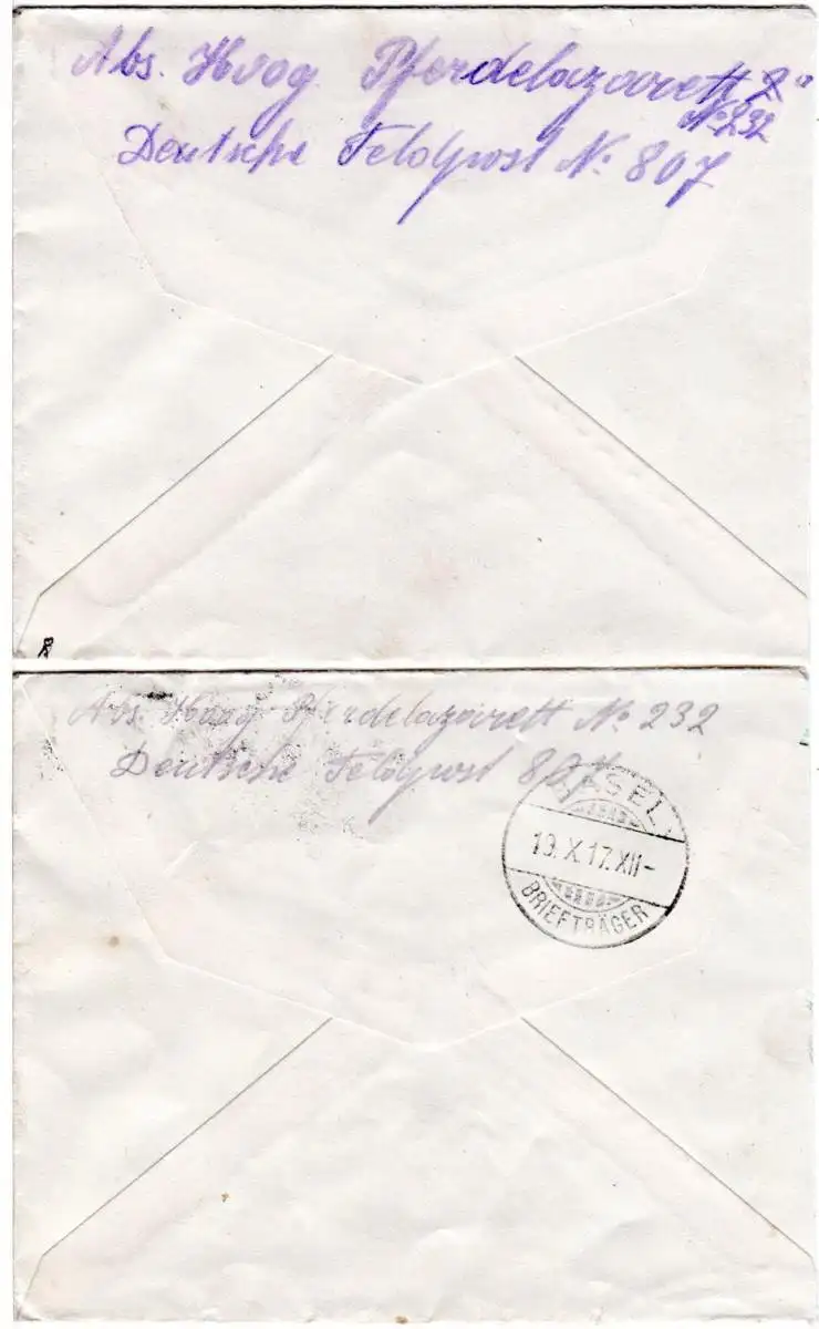 DR 1917, 2 frankierte FP Auslandsbriefe i.d. Schweiz je m. L1 Aus dem Felde