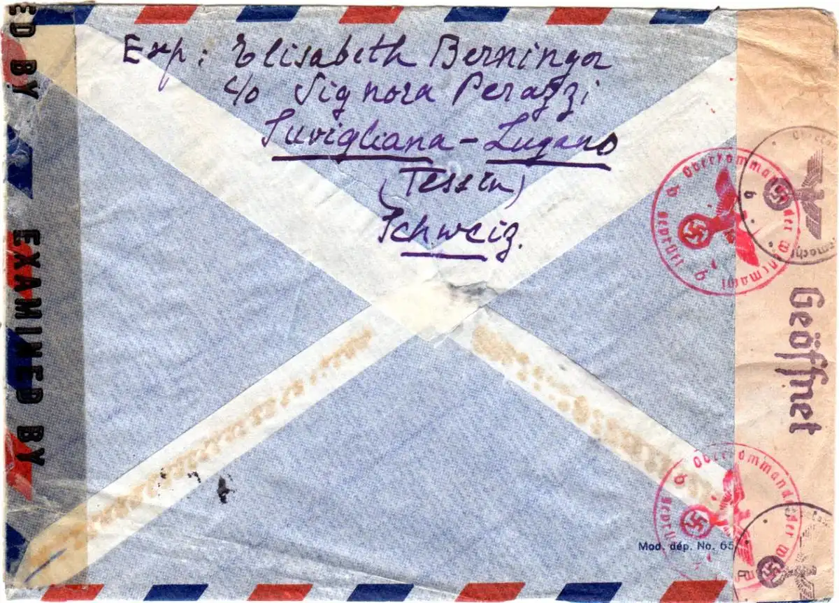 Schweiz 1944, EF 1 Fr. auf Luftpost Zensur Brief v. Lugano via Bale n. USA