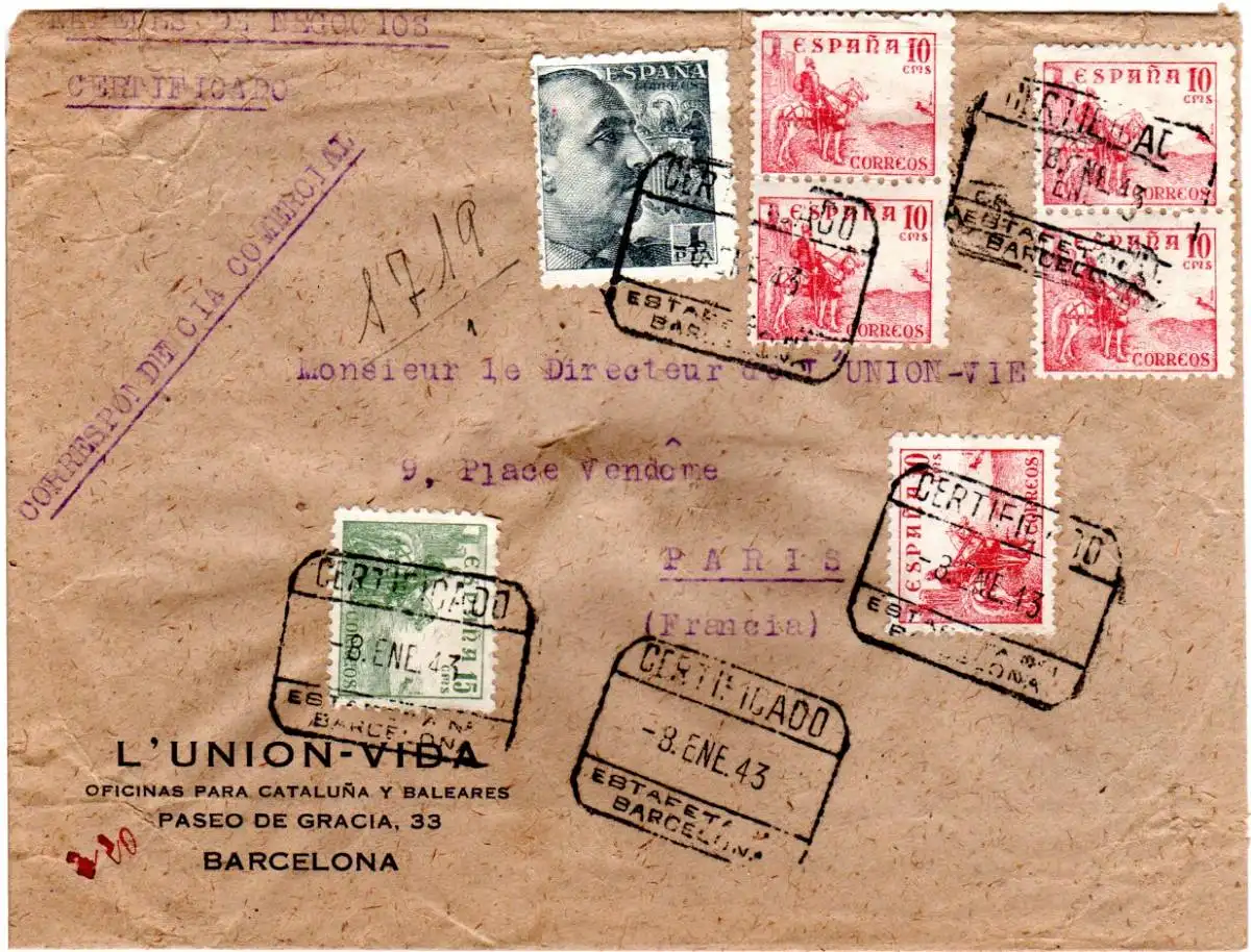 Spanien 1943, Papeles de Negicios Reko Zensur Brief v. Barcelona m. 7 Marken 
