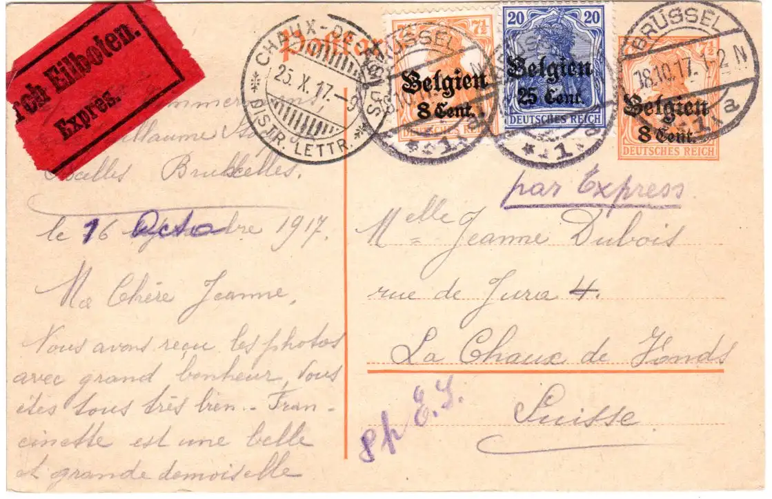 Belgien 1917, 8+25 C. auf 8 C. Ganzsache per Express v. Brüssel i.d. Schweiz