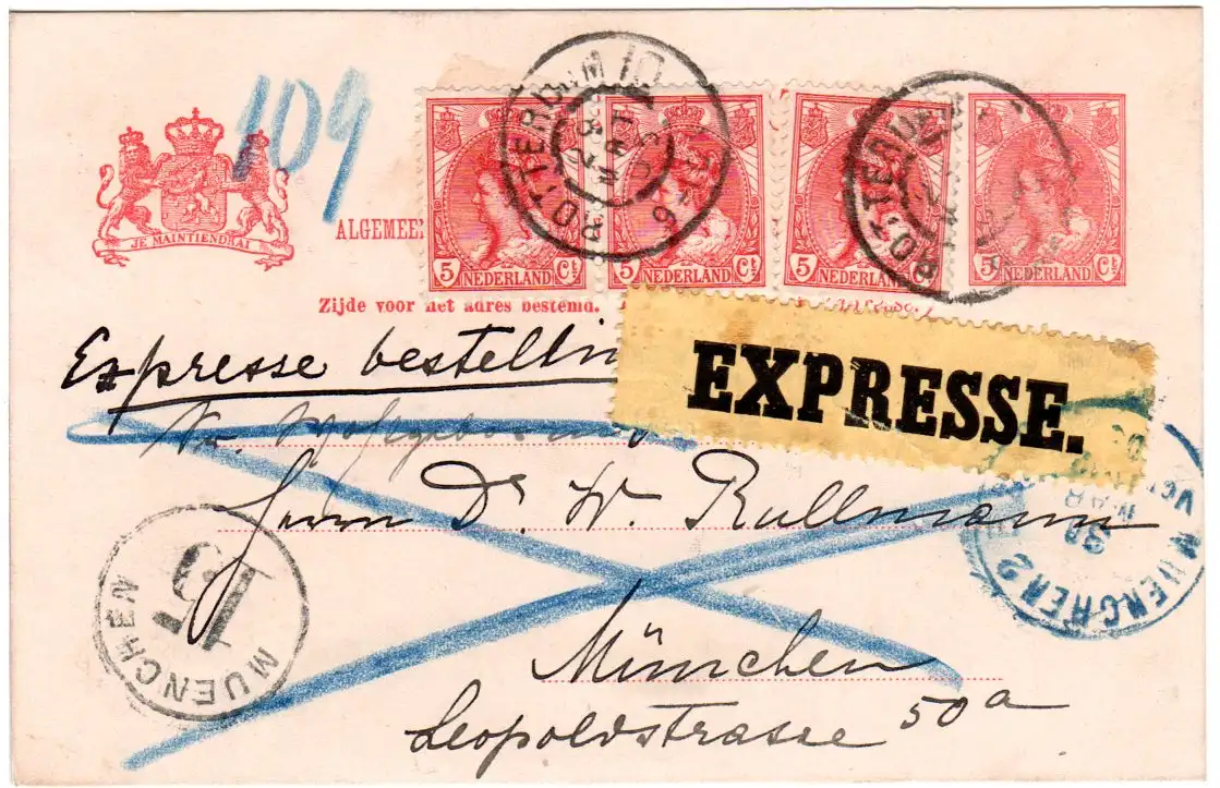 NL 1915, 3x5 C. auf 5 C. Ganzsache per Express v. Rotterdam n. Bayern