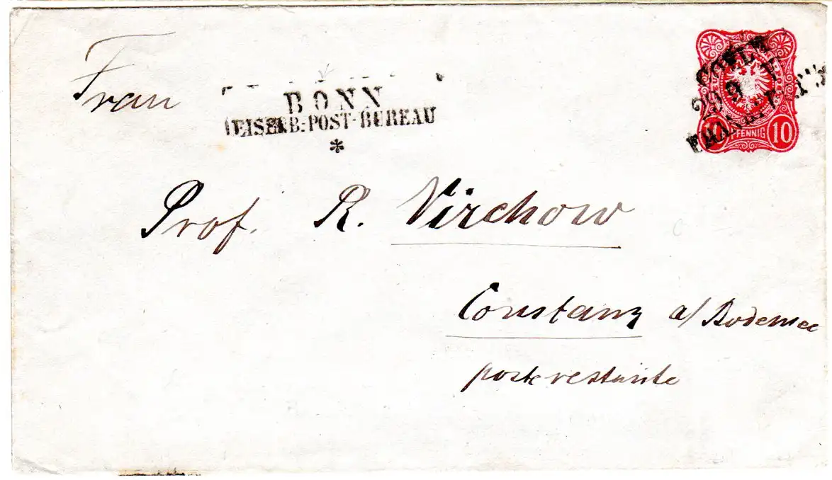 DR 1877, Stations-L2 Bonn auf 10 Pf. Ganzsache m. Bahnpost-L3 Cöln Frankfurt