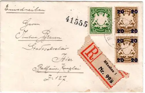 Bayern 1920, 5+2x20/3 Pf, auf kl. Orts-Einschreiben Brief v. München