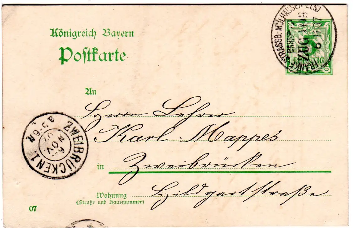 Bayern 1907, DR Bahnpoststpl. Frankfurt-Mühlhausen (Els) auf 5 Pf. Ganzsache