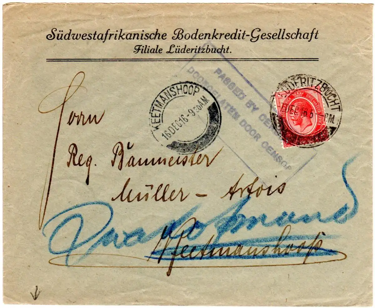 SW Afrika 1916, 1d auf Umschlag der SWA Bodenkredit-Gesellschaft n. Keetmannshop