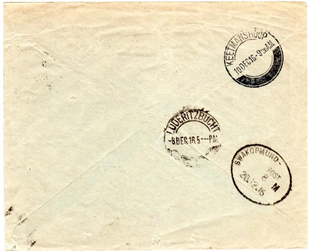 SW Afrika 1916, 1d auf Umschlag der SWA Bodenkredit-Gesellschaft n. Keetmannshop
