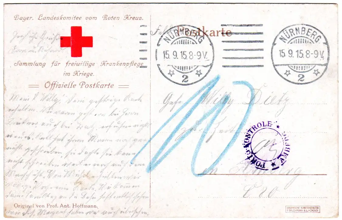 Bayern 1915, blauer K2 Portokontrolle Amberg auf Rot Kreuz Karte v. Nürnberg 