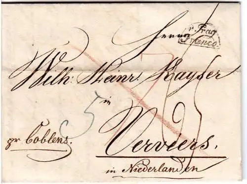 Österreich 1827, Segmentstpl. v. Prag Franco auf Brief n. Verviers Belgien