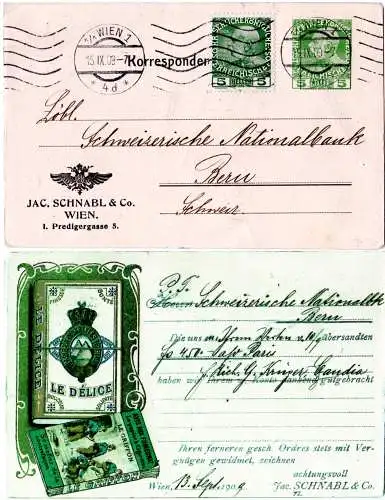 Österreich 1909, gebr. 5 Heller J. Schnabl Privatganzache m. Zusatzfrankatur 