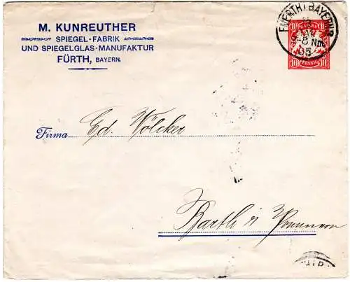 Bayern 1905, gebr. 10 Pf. Privatganzache Brief M. Kunreuther Spiegelfabrik Fürth