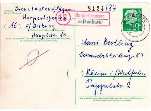 BRD 1959, roter (!) Landpost Stpl. 16 HAPERTSHAUISEN über Dieburg auf Ganzsache 