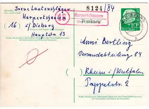 BRD 1959, roter (!) Landpost Stpl. 16 HAPERTSHAUISEN über Dieburg auf Ganzsache