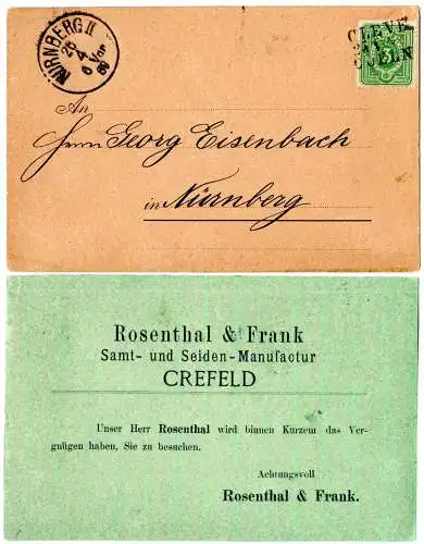 DR 1888, Bahnpost-L3 CLEVE COELN auf Drucksache Karte v. Krefeld n. Bayern