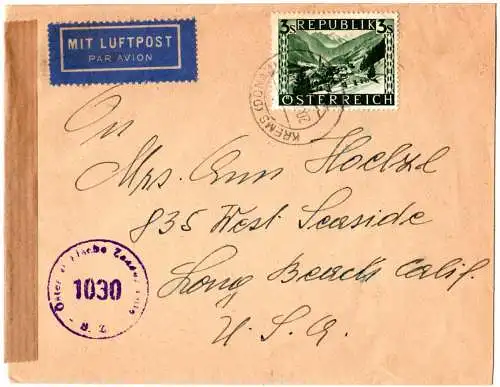 Österreich 1947, EF 3 S. auf Luftpost Zensur Brief v. Krems n. USA