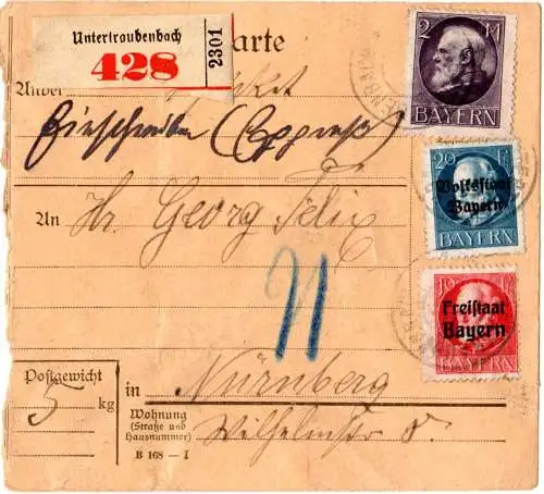 Bayern 1920, 2 Mk.+10+20 Pf. auf Reko Express Paketkarte v. Untertraubenbach