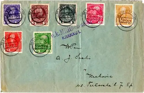 Österreich 1914, ärarische FP, Brief m 7 Marken v. Miechow Polen m. hds. Datum