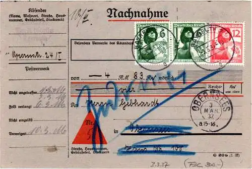 DR 1937, 12+2x6 Pf. auf NN Paketkarte m. Erststagsstpl. Bayreuth 3.3.37. FDC!