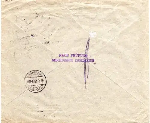 Belgien 1915, Zensur R- Brief v. Brüssel, rücks. Nach Prüfung...Zugelassen