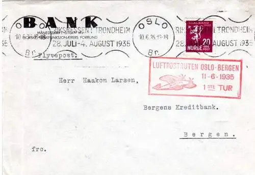 Norwegen 1935, 20 öre Svalbard auf Bedarfs Luftpost Brief v. Oslo n. Bergen