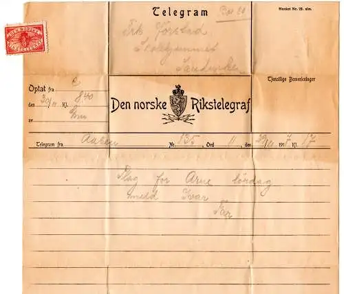 Norwegen 1929, Telegramm v. Aasen m. Den Norske Rikstelegraf Verschlussmarke