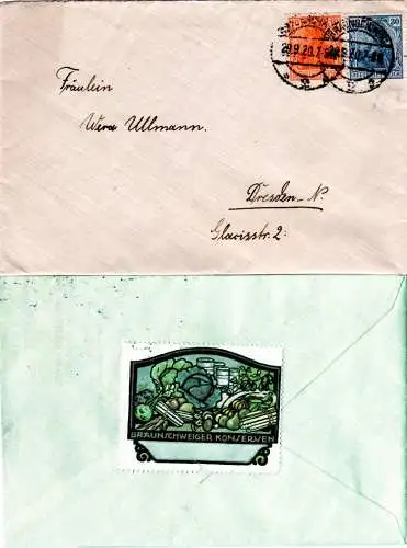 DR 1920, 10+20 Pf auf Brief m. rücks. Verschlussetikett Braunschweiger Konserven