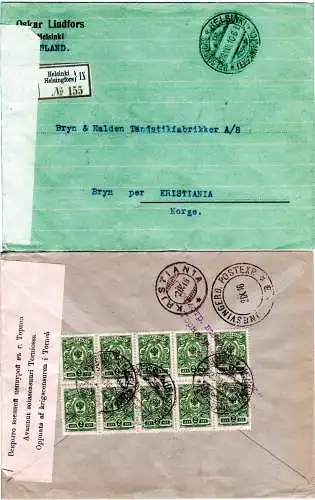Finnland 1916, 10er-Block 2 Kop. auf WW I Zensur Brief v. Helsinki n. Norwegen