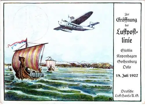 DR 1927, gebr. 15+20 Pf. Privatganzsache Erstflug Stettin-Oslo Norwegen