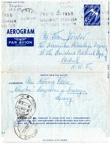 Norwegen 1950, 45 öre Aerogram adressed to Norwegian Himalaya Expedition