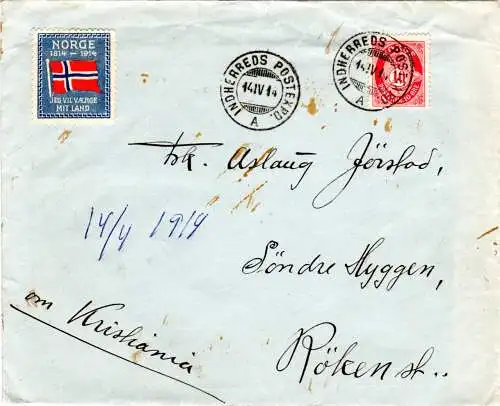 Norwegen 1914, 10 öre auf Brief m. Schiffstpoststpl. u. Jubiläumsmarke