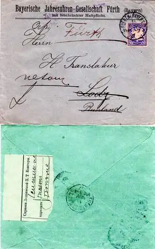 Russland Polen 1897, Retour-Etikett rücks. auf Bayern Brief v. Fürth n. Lodz