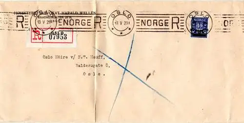 Norwegen 1929, gute EF 40 öre POST Überdruck auf Geschäfts-Reko Brief m. Oslo-R